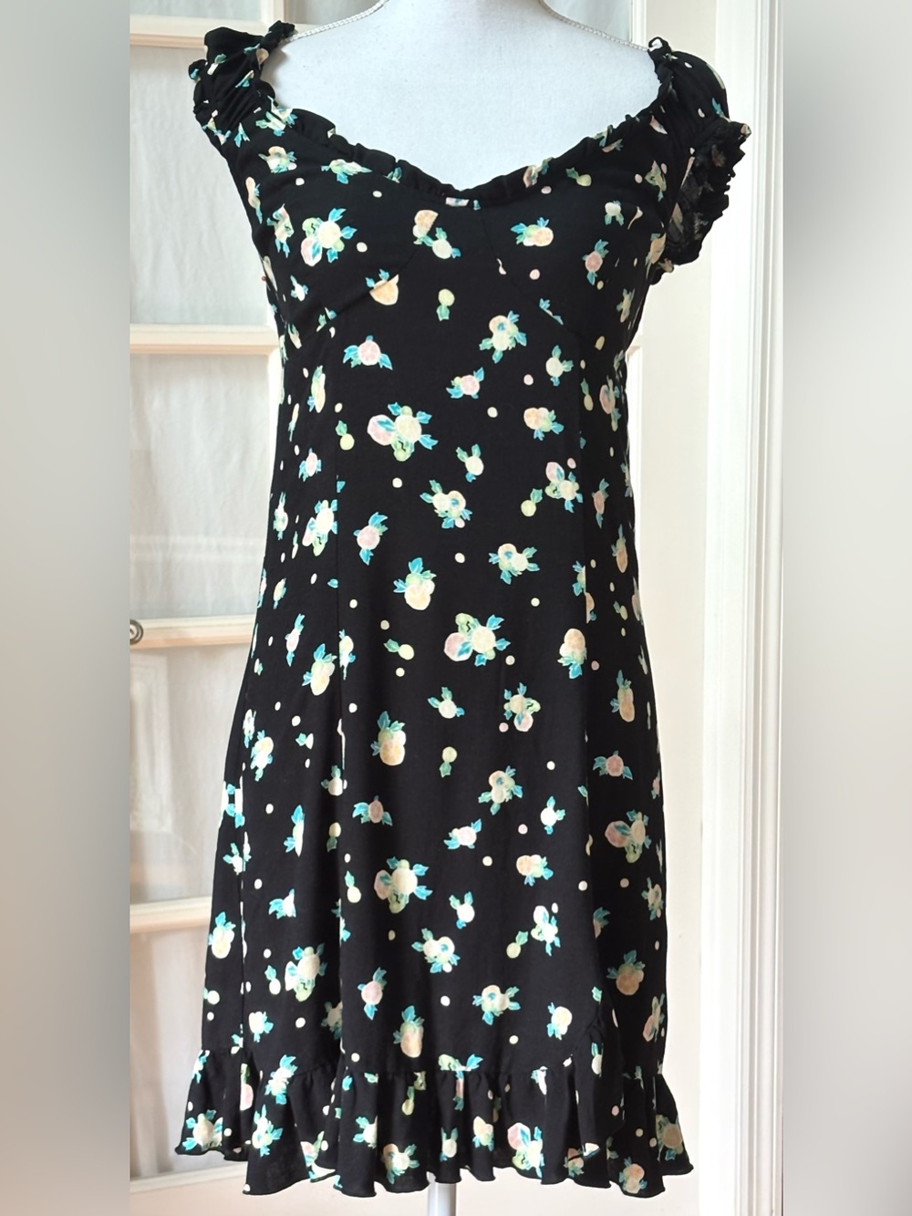 Free People Like A Lady Mini Dress Black Floral Open Back Ruffle Hem L - Picture 2 of 12